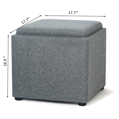 Storage Square Ottoman with Tray, Small Linen Foot Rest Stool Cube, Coffee Table for Dorm Living Room Bedroom, Gray - color: Tray, Grey