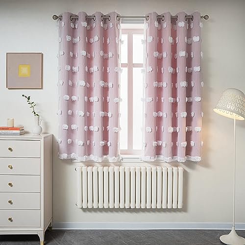MYSKY HOME Double Layer Curtains for Girls Bedroom Kids Curtain White Pom Pom Sheer Window Curtains 2 Panels Pink Curtains Grommet Room Darkening Solid Nursery Curtains 63 Inches Length, W52 X L63 - color: Blush Pink, size: 52"W x 63"L (Pack of 2)