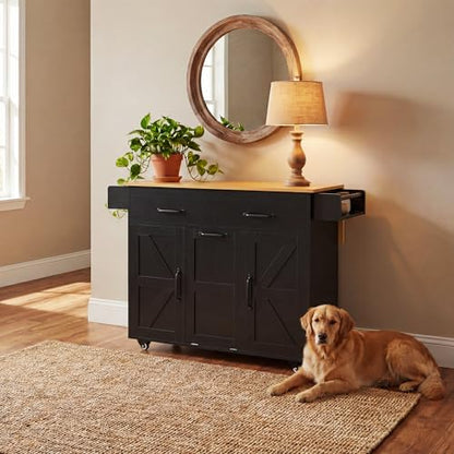 YESHOMY 56" Kitchen Island with Trash Can Storage, Drop Leaf Kitchen Island with Storage, 2 Drawers, 5 Wheels, Spice Rack & Towel Holder, Black and Yellow Oak - color: Black and Yellow Oak
