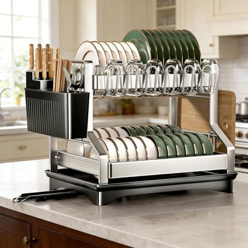 Fandian Dish Drying Rack 2 Tier Dish Racks for Kitchen Counter and Sink, Large Dish Drying Rack with Drainboard & Utensil Holders Stainless Steel Dish Drainers Kitchen Organization and Storage - color: White Dish Racks