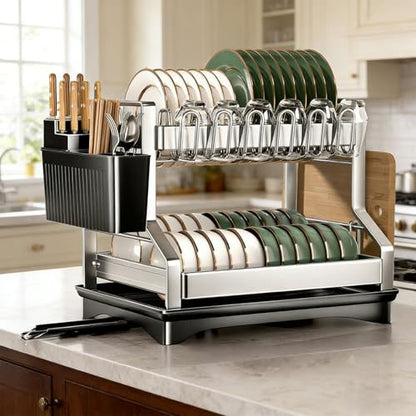 Fandian Dish Drying Rack 2 Tier Dish Racks for Kitchen Counter and Sink, Large Dish Drying Rack with Drainboard & Utensil Holders Stainless Steel Dish Drainers Kitchen Organization and Storage - color: White Dish Racks
