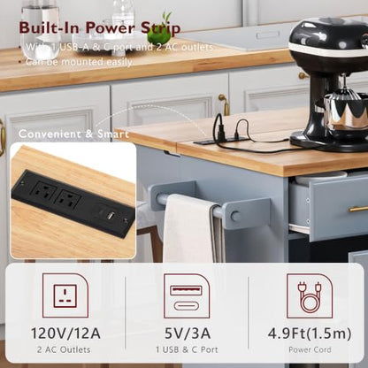 Kitchen Island with Trash Can Storage & Pull-Out Trays | Solid Rubberwood Countertop Kitchen Island on Wheels, Drop Leaf, Power Outlet, 3 Drawers - color: Grey