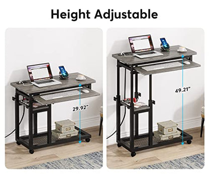 Tribesigns Small Portable Desk with Power Outlet, Height Adjustable Sofa Couch Bedside Laptop Table with Wheels, Mobile Standing Desk Rolling Computer Cart C Side Table with USB Ports - color: Grey