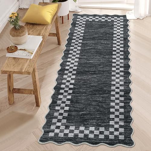GarveeHome Rug Runners for Hallways 2x8 Washable Kitchen Runner Rug | Non Slip Low Pile Throw Carpet Modern Bordered Runners Checkered Area Rug for Living Room Bedroom Entryway Nursery, Grey - color: Scalloped Dark Grey, size: 2' x 8' (Runner)