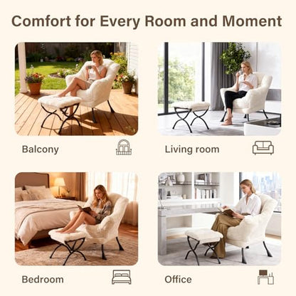 Modern Lazy Chair with Ottoman Lounge Accent Reading Chair for Living Room | Foldable Footstool,Removable Cover,Soft Padded Seat & Backrest,Upholstered Comfy Chair for Bedroom,Dorm,Office,Small Space - color: Plush Beige