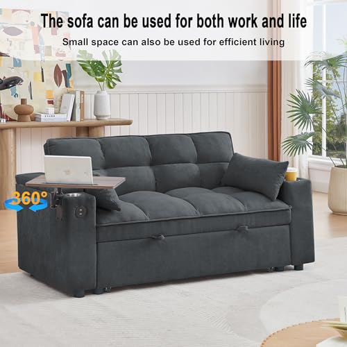 66" Multi-Functional Pull-Out Sofa Bed with Hidden Side Table, Storage Armrests, Built-in Charging Port, Spring Mattress, Solid Wood Frame – Ideal for Small Spaces, Easy Assembly - color: Black-d-l