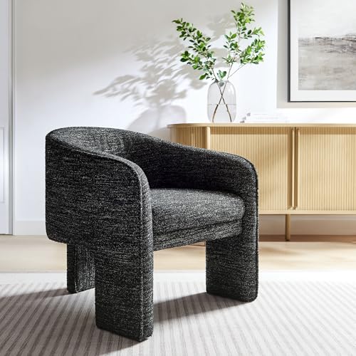 Modway Greer Comfy Barrel Accent Chair with 3 Legs in Charcoal Boucle Fabric – Cozy Round Reading Armchair – Mid Century Modern Upholstered Wide Barrel Dining Chair with Curved Back - color: Charcoal