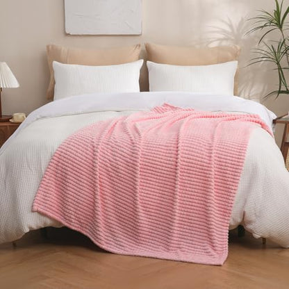Puncuntex Fleece Throw Blanket Light Pink 90"×90" with Square Grid Design | Super Soft Plush Cozy Flannel Throw Blanket Luxury for Couch Sofa Chair - color: Light Pink, size: 90"×90"