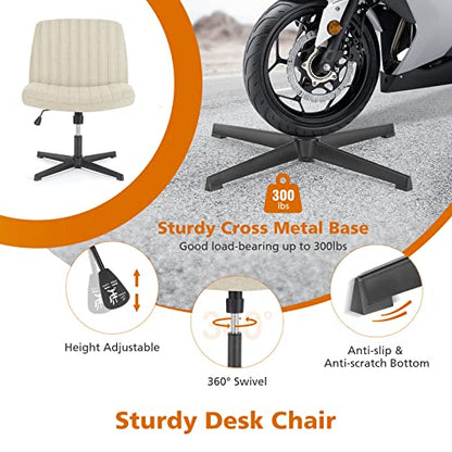 Sweetcrispy Criss Cross Chair, Armless Office Desk Chair | Height Adjustable, Wide Seat, Cute Comfy Fabric, Task Seating, No Wheels, Home Bedroom Vanity, Beige