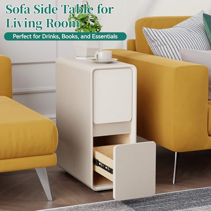 7.8" W Faux Leather Narrow Nightstand, Modern Fully-Assembled Bedside Table with 2 Drawers, Wood Night Stand Small Accent End Table & Side Table for Bedroom, Cream White - color: Cream, size: 8in