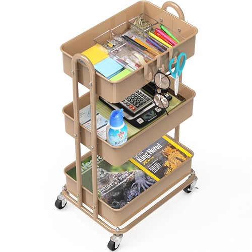 Simple Houseware 3-Tier Heavy Duty Metal Utility Rolling Cart, Khaki - color: Khaki