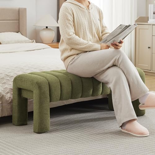 43.3" Dining Room Bench, Green Tufted Upholstered End of Bed Bench, Modern Entryway Ottoman Window Seat with Solid Wood Legs and Padded Seat for Bedroom, Hallway and Living Room (Boucle) - color: Green Boucle, size: 43.3"