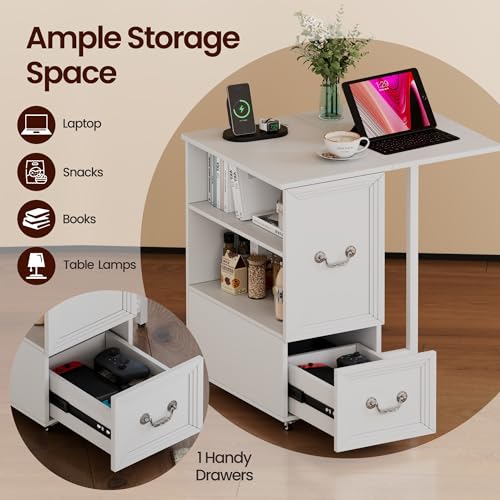Lareth Rolling Side Table with Wheels, Led Lights & Charging Station | Foldable Desktop Narrow End Table, 1 Drawer, 2 Bookshleves, 27.56"H Tall Nightstand for Small Space, Living Room, White - color: B White