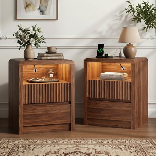 LYNSOM Fluted LED Nightstand Set of 2, Charging Station & 2 Drawers, Walnut | Mid Century Modern Night Stand with Stoarge, Wood Bedside End Table with Curved Edge for Bedroom, Living Room, Office, 20" W - color: Walnut, size: 2 Drawers