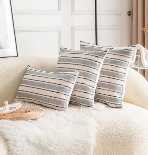 Cethom Decorative Boho Lumbar Throw Pillow Covers, Farmhouse Textured Pillow Case, 12 x 20 Inch Set of 2, Chair Sofa Bedroom Living Room Decor Couch Cushion Case, Navy Blue and Beige - color: Navy Blue, size: 20" x 12" (Pack of 2)