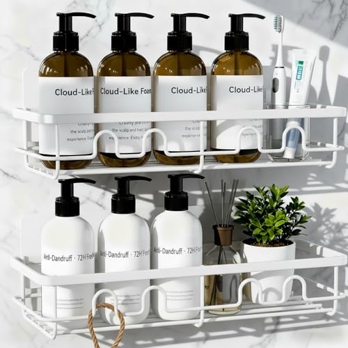Adhesive Shower Caddy, Large Capacity Shower Racks for Inside Shower, No Drill Bathroom Shower Organizer and Storage, 2 Pack White Bathroom Shelves, Home Decor Rv Accessories, Apartment - color: White