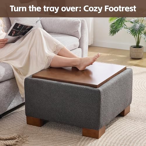 WUTUTUEE 24" Square Ottoman Coffee Table with Storage, Boucle Ottomans with Tray and Solid Wood Legs for Living Room, Bedroom and Apartments, Small Modern Ottoman Tea Table with Lift-Off Lid, Grey - color: 24'' Grey Boucle