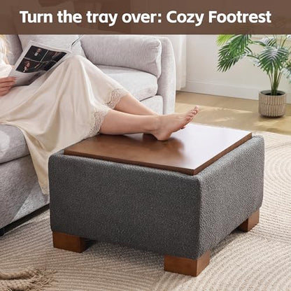 WUTUTUEE 24" Square Ottoman Coffee Table with Storage, Boucle Ottomans with Tray and Solid Wood Legs for Living Room, Bedroom and Apartments, Small Modern Ottoman Tea Table with Lift-Off Lid, Grey - color: 24'' Grey Boucle