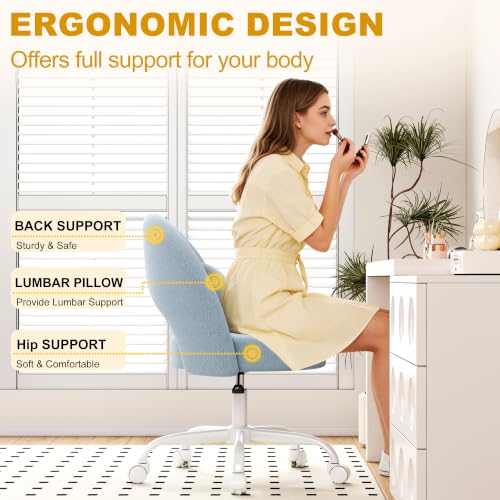 Misolant Vanity Chair with Back, Armless Cute Office Chair with Wheels for Girls, Teddy Fleece Fabric Small Desk Chairs with Adjustable Height, Lumbar Support Pillow, 360°Swivel for Makeup Room, Blue - color: Blue