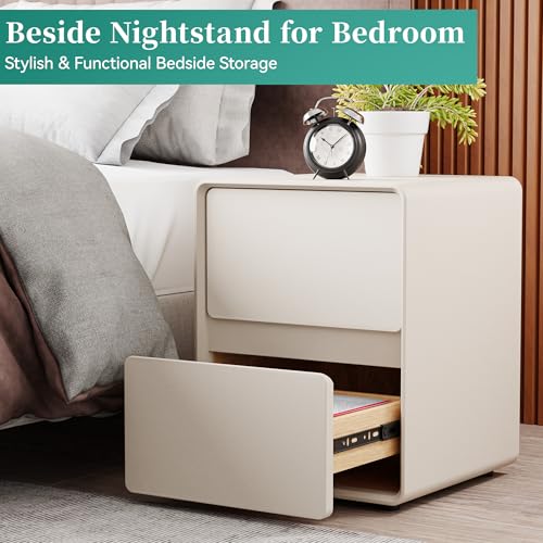 15.8" W Faux Leather Narrow Nightstand, Fully-Assembled Bedside Table with 2 Drawers, Wood Night Stand Small Accent End Table & Side Table for Bedroom, Cream White - color: Cream, size: 16in