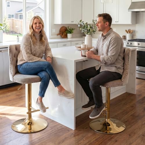 Velvet Bar Stool Set of 2, Adjustable Swivel Bar Stools with Gold Plated Metal Leg, Button Tufted, Footrest, Chrome Nailhead, Counter Height Chair for Kitchen, Bar, Dining Room (Beige) - color: Beige-gold Leg, size: Set of 2