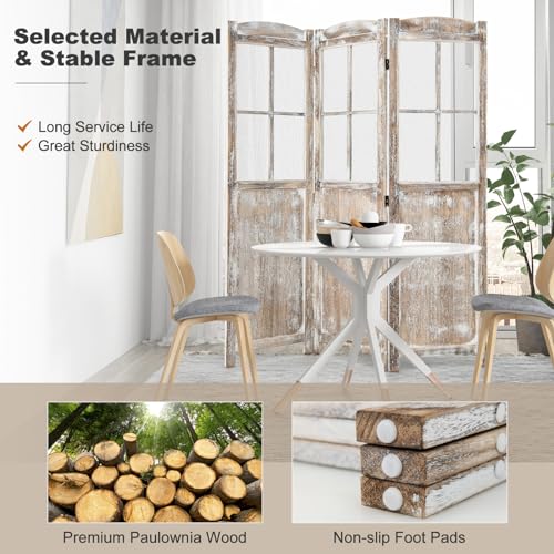 GOFLAME 3-Panel Folding Room Divider, 6FT Paulownia Wood Privacy Screen with Mesh Window, Natural Rustic Freestanding Wall Divider Partition for Room Separation, No Assembly Required