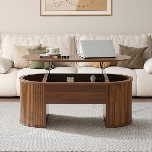 QHITTY Fluted Coffee Table with Lifting Top, Oval Wood Lift Top Coffee Table with Hidden Compartment, Mid Century Pull up Center Tables for Living Room, Office - Walnut - color: Round Table-walnut