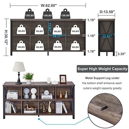 8 Cube Storage Organizer Bookshelf, 62 Inch Rustic Wood Horizontal Bookcase, Industrial Cube Long Book Shelf for Living Room, Home Office (Walnut Brown) - color: Walnut Brown