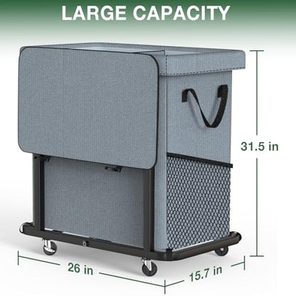 Laundry Basket with Lid,190L Rolling Laundry Hamper with Wheels,Grey | Dirty Clothes Hamper with Metal Frame and Removable Bag Design, Suitable for Laundry Room, Bedroom(2 Section) - color: Grey, size: 2 Section