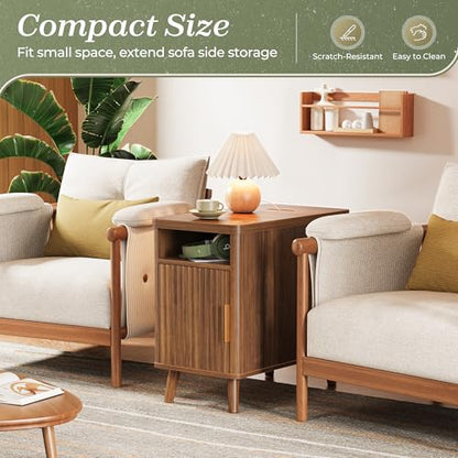 Huuger Narrow End Table with Charging Station, USB-C Port | Fluted Nightstand with Storage Cabinet, Back Rack, Farmhouse Side Table for Small Spaces, Night Stand, Walnut - color: Walnut