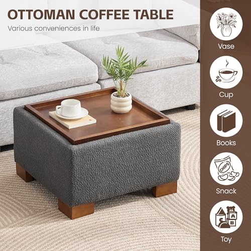 WUTUTUEE 24" Square Ottoman Coffee Table with Storage, Boucle Ottomans with Tray and Solid Wood Legs for Living Room, Bedroom and Apartments, Small Modern Ottoman Tea Table with Lift-Off Lid, Grey - color: 24'' Grey Boucle