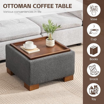 WUTUTUEE 24" Square Ottoman Coffee Table with Storage, Boucle Ottomans with Tray and Solid Wood Legs for Living Room, Bedroom and Apartments, Small Modern Ottoman Tea Table with Lift-Off Lid, Grey - color: 24'' Grey Boucle