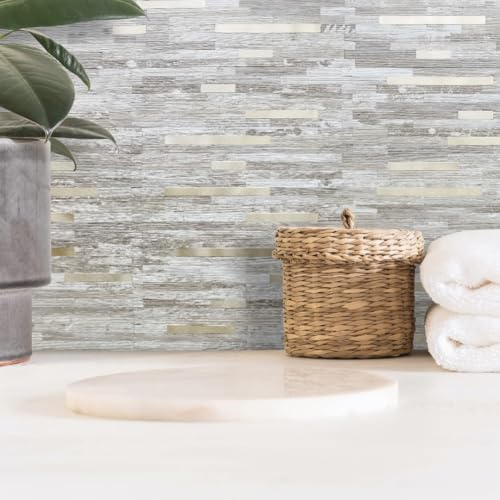 DICOFUN 10-Sheet Peel and Stick Backsplash Tile, Brown Birch Wood Look PVC Mixed Metal Gold Stick on Backsplash Tiles for Kitchen, 9.4 sq.ft - color: Brown Birch and Metal Gold, size: 10 Sheets, 12’’x12’’x0.12’’