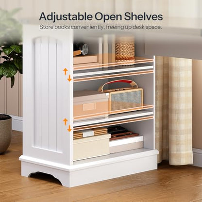HOOBRO Farmhouse L Shaped Computer Desk, Computer Desk with Power Outlets, 59" Corner Office Desk with Filing Cabinet & Adjustable Shelves, for Home Office, Study, White and Walnut WH150UDN01