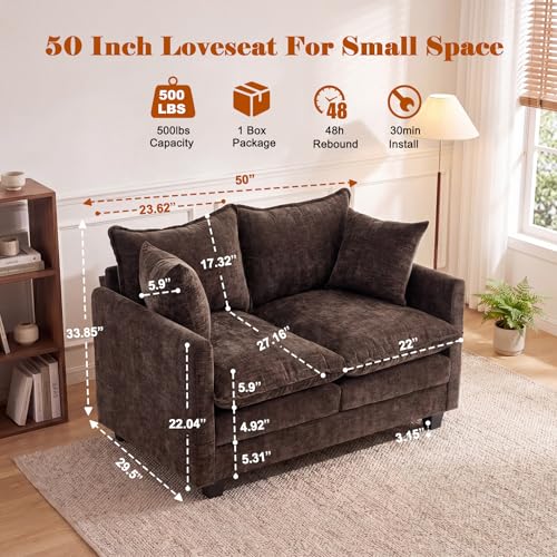 50'' Loveseat Sofa Set, Small Couch Set 2 Piece Cloud Love Seat with 27" Deep Seat Washable Chenille Pillows Couches for Small Spaces Apartment Living Room, Brown - color: Brown, size: 50"+50"