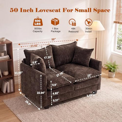 50'' Loveseat Sofa Set, Small Couch Set 2 Piece Cloud Love Seat with 27" Deep Seat Washable Chenille Pillows Couches for Small Spaces Apartment Living Room, Brown - color: Brown, size: 50"+50"