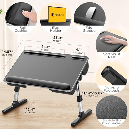 2-in-1 Bed & Lap Desk with Soft Cushion, Adjustable Height & Angle | Wrist Rest, Leather, iPad Holder & Stopper - Foldable Laptop Stand for Bed & Couch, Portable Bed Table Tray for Adults & Kids - color: Black