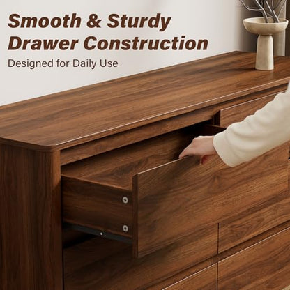 Furniway 55" Mid-Century Modern Dresser for Bedroom, 6 Drawer Wide Chest of Drawers with Wood Legs, Large Storage Bedroom Dresser, Walnut - size: 15.7"D x 55.1"W x 31.5"H (6 Drawers)