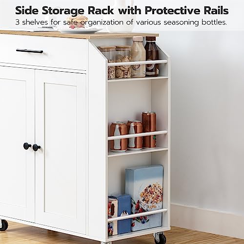 HOOBRO Kitchen Island with Power Outlet, Kitchen Storage Island with Spice Rack and Drawer, Rolling Kitchen on Wheels, for Home, Dining Room, Natural and White WN82UZD01G1 - color: Natural + White