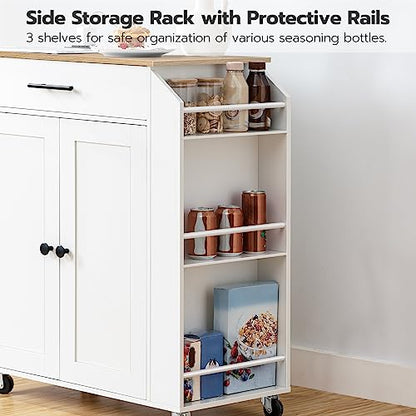 HOOBRO Kitchen Island with Power Outlet, Kitchen Storage Island with Spice Rack and Drawer, Rolling Kitchen on Wheels, for Home, Dining Room, Natural and White WN82UZD01G1 - color: Natural + White