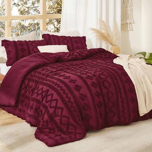 Bedsure Tufted Boho Comforter Set Twin Size - Burgundy Boho Bed Set, GentleSoft™ 2 Pieces Farmhouse-Style Embroidery Bedding, Gifts for Woman, Soft Jacquard Kids' Twin Comforter for All Seasons - color: 27 - Burgundy - Elegant, size: Twin/Twin XL