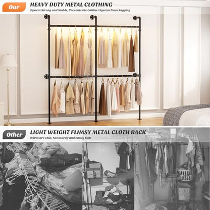 Aheaplus Industrial Pipe Clothing Rack, Reversible 6.75FT Clothes Rack for Hanging Clothes, Heavy Duty Garment Racks, Wall Mounted Closet Wardrobe Racks, Corner L Shaped Walk-in Closet System, Black - size: 81 inches