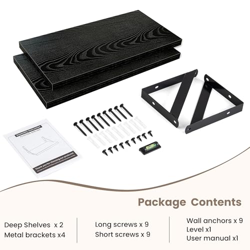 Dreamland Wall Mounted Floating Shelves Set of 2, 16x8, Black | Engineered Wood, Visible Bracket, Large Storage, Hold Up to 30lbs, Living Room, Bathroom, Bedroom, Kitchen - color: Black, size: 16"W x 8"D