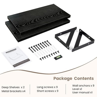 Dreamland Wall Mounted Floating Shelves Set of 2, 16x8, Black | Engineered Wood, Visible Bracket, Large Storage, Hold Up to 30lbs, Living Room, Bathroom, Bedroom, Kitchen - color: Black, size: 16"W x 8"D