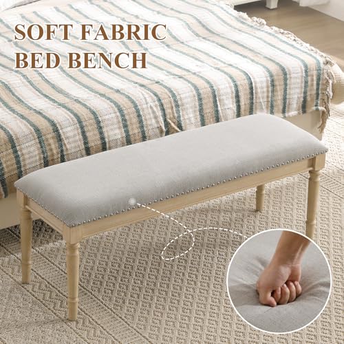 46'' French Country Entryway Bench Wooden Linen Fabric Upholstered Seat Dinng Bench with Nailhead Trim for Hallway End of Bed, Grey - color: Linen, Grey, Nailhead Trim