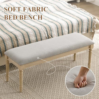 46'' French Country Entryway Bench Wooden Linen Fabric Upholstered Seat Dinng Bench with Nailhead Trim for Hallway End of Bed, Grey - color: Linen, Grey, Nailhead Trim