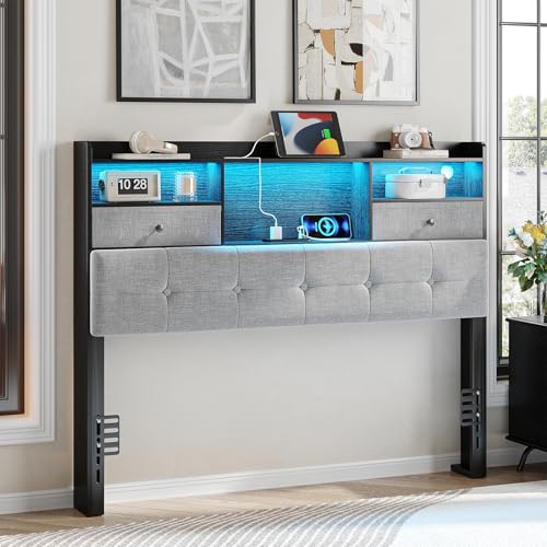 Maupvit Headboard Full Size with Storage, Full Headboard Only with 2 Drawers, Charging Station and LED Lights, Upholstered Headboards Easy Assembly, Black&Grey - color: Black, size: Full