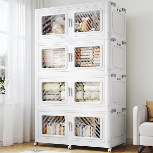 BROVIEW 880 Qt Extra Large Stackable Storage Bin with Lids, 4 Pack White | 220Gal Extra Large, Collapsible Storage Boxes with 4 Lids, Folding& Rolling Plastic Drawer, Heavy-Duty Cabinet Organization - color: White, size: 220QT-4pack