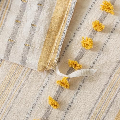 Washed Cotton Full Size Duvet Cover Set - Tufted Dots Boho Chic Bedding for All Seasons, Striped Bohemain Bedding Linen Like Textured Breathable Durable Soft Comfy (Yellow, 89''x90'') - color: Yellow, size: Full