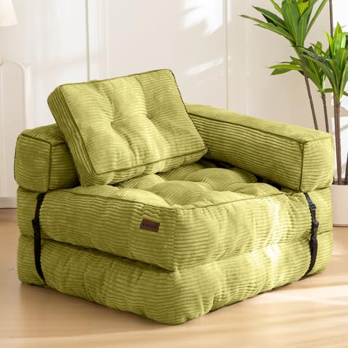 MAXYOYO Folding Sofa Bed, Convertible Chair Bed with Pillow | L-Shaped Floor Sofa with Armrest and Pillow, Foldable Portable Fold Out Comfy Chair Bed for Living Room Bedroom, Green - color: Green